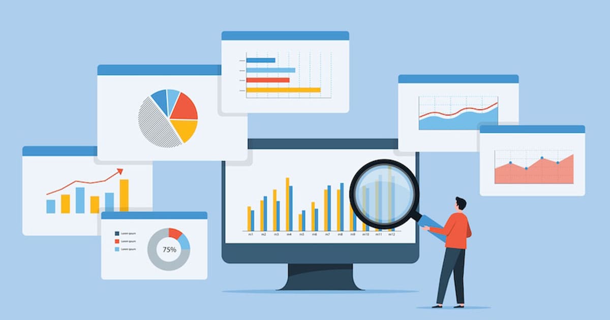 Illustration of a person analyzing various graphs and charts on a computer screen and surrounding windows, representing data analysis, statistics, and trends in senior living occupancy.