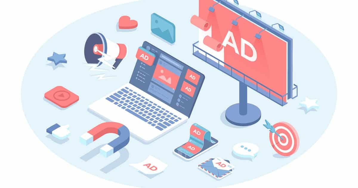 Illustration of digital marketing tools, including a laptop, smartphone, billboard, ads, magnet, and social media icons, representing online advertising strategies like senior living SEO (110 MSV) for effective promotion.