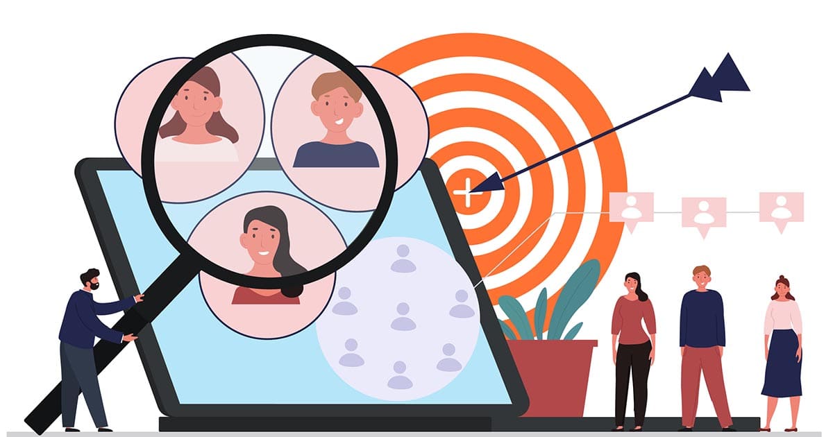 Illustration of people profiles on a tablet under a magnifying glass, highlighting buyer persona questions, with a target and arrow in the background, and four people standing nearby.