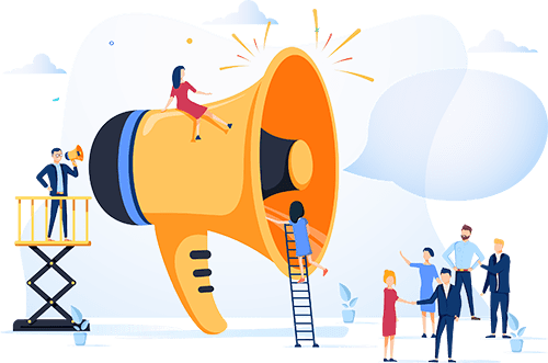 Big Megaphone and Flat People Characters Advertisement Marketing Concept