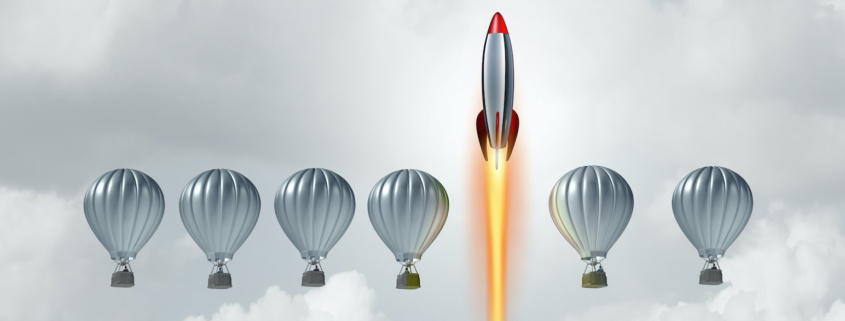 rocket ship shooting past hot air balloons representing custom websites standing out from and exceeding competition's templated websites