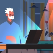 Animation of man in a dark room with computer lighting illuminating him.