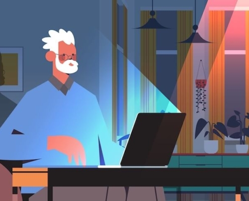 Animation of man in a dark room with computer lighting illuminating him.