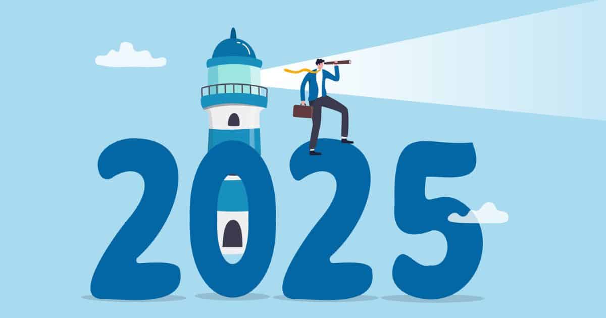 Illustration of a person with a briefcase and telescope sitting on the number 2 in "2025," next to a lighthouse shining light forward, symbolizing forward-thinking in senior living marketing.