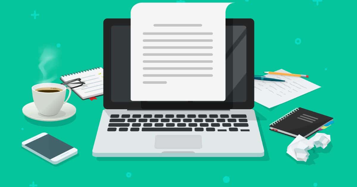 Illustration of a laptop displaying a document, with a cup of coffee, phone, notebooks, pens, and crumpled paper on a green desk background—perfect for Senior Living SMART workspaces.
