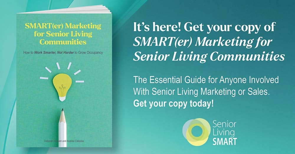Book cover promoting "SMART(er) Marketing for Senior Living Communities" with a light bulb graphic, featuring text that offers a marketing guide for senior living professionals on how to increase occupancy and drive community growth.