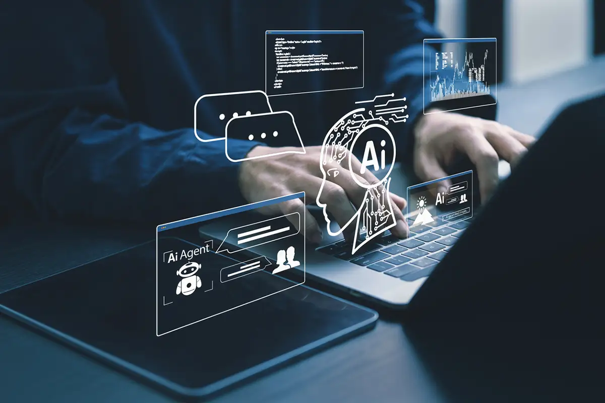 Person typing on a laptop with digital graphics of AI icons, chat bubbles, and data visualizations overlaid, representing artificial intelligence technology and AI for Senior Living virtual assistants.