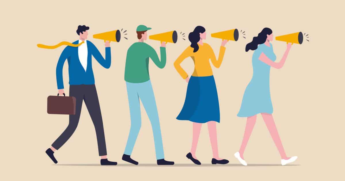 Illustration of four people walking in a line, each holding a yellow megaphone to their mouth and appearing to announce something, symbolizing the power of senior living referrals spreading important messages.