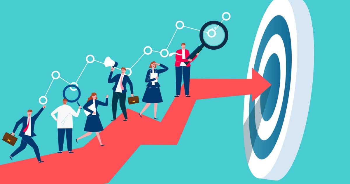 Illustration of businesspeople on a red arrow path leading to a bullseye target, symbolizing teamwork and goal achievement in improving brand recognition, with graphs and magnifying glass elements.