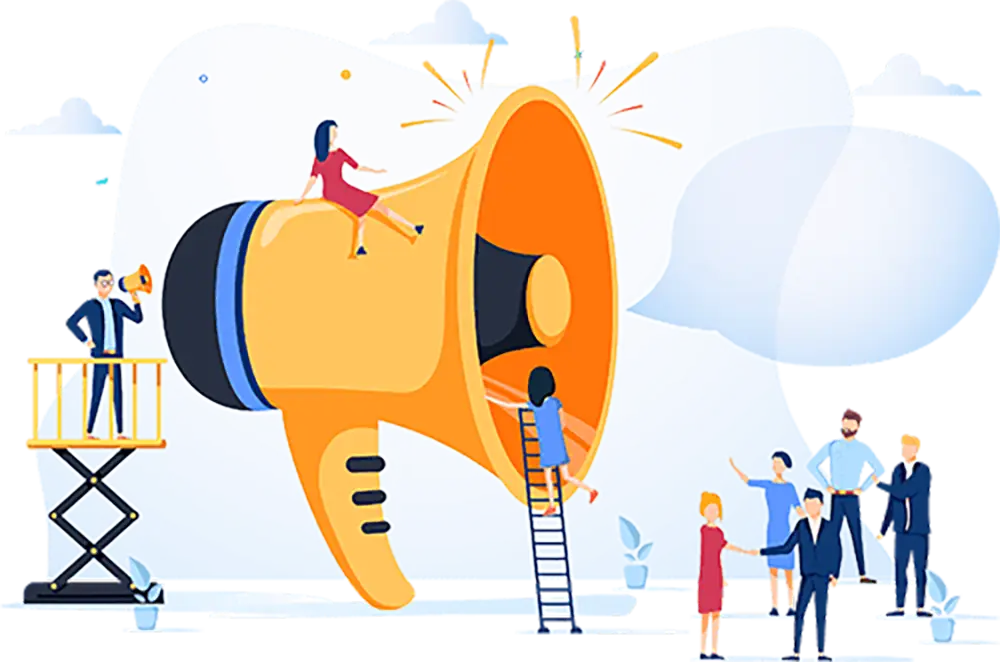 Illustration of people interacting with a large megaphone, including one person sitting on top and another climbing a ladder, symbolizing communication or spreading information.