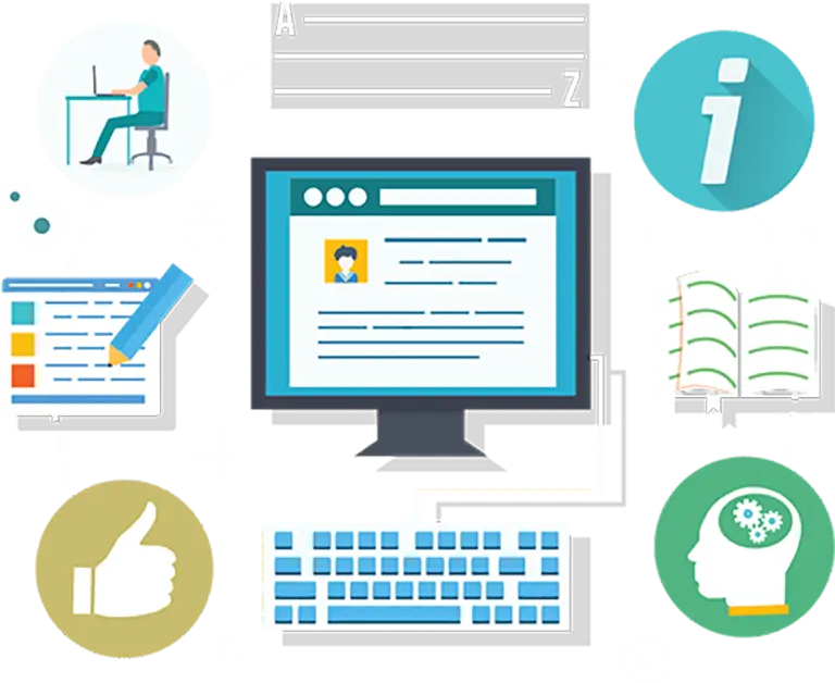 Illustration of a computer monitor displaying a profile, surrounded by icons for information, online forms, books, approval, and a keyboard, representing digital learning or online resources.