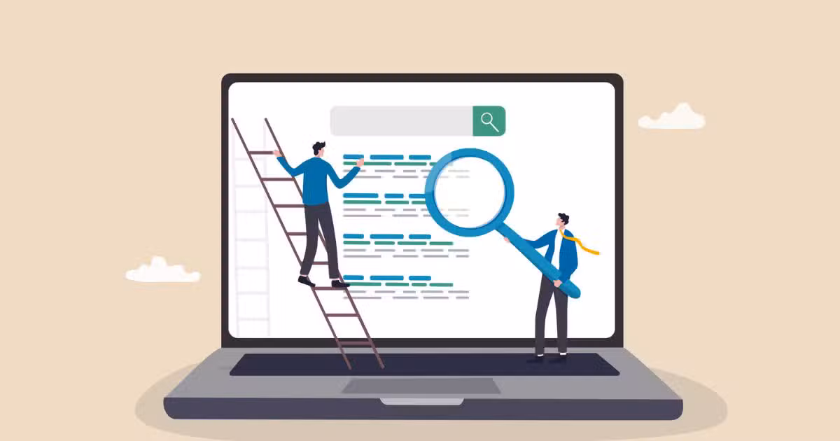 Illustration of two people analyzing Google Ads search results on a large laptop screen, one with a ladder and the other holding a magnifying glass.