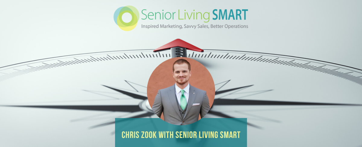 A man in a suit is shown in a circular inset over a compass background, with the title "Chris Zook with Senior Living Smart," the Senior Living Smart logo above, and Google ads expertise spotlighted.
