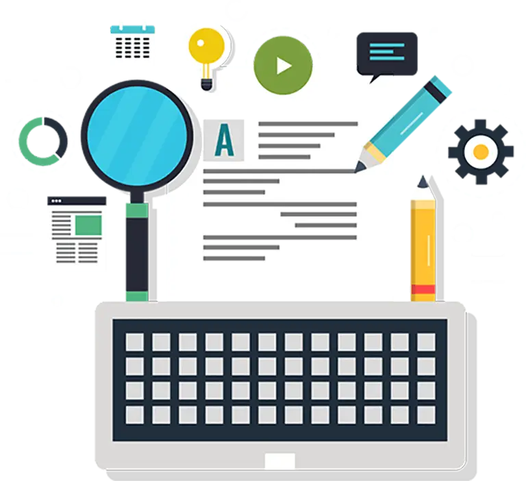 Cartoon illustration of a keyboard, magnifying glass, pen, pencil, documents, and icons symbolizing writing, editing, research, and strategies to increase sales in senior living.
