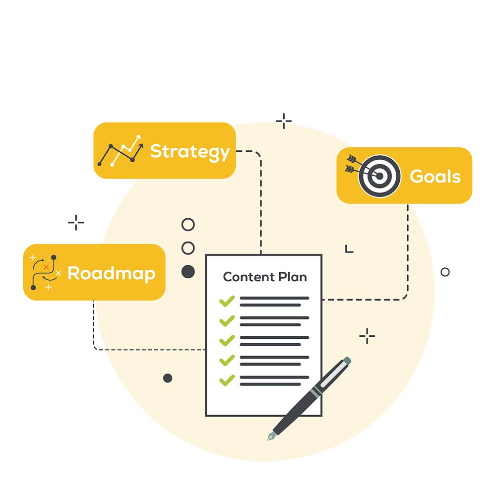 Content-Development Illustration of a content plan checklist with connected sections labeled Strategy, Goals, and Roadmap, alongside a pen and abstract design elements.