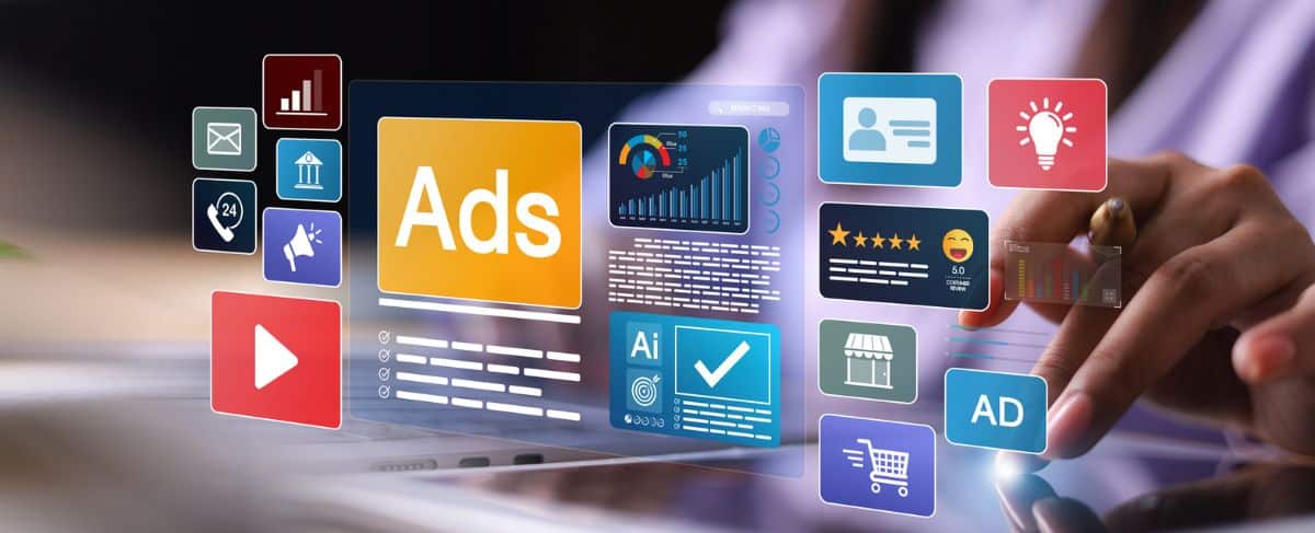 A person uses a touchscreen with digital marketing icons, including ads, analytics, social media, and senior living marketing tools, all displayed in vibrant, colorful graphics.