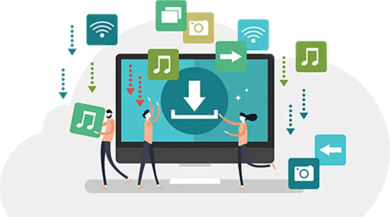 Illustration of three people moving music, photo, and folder icons around a large computer screen displaying a download symbol, representing digital file sharing and downloading.