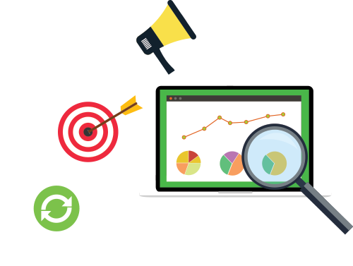 Illustration of a laptop displaying charts, surrounded by icons of a megaphone, target, magnifying glass, and refresh symbol, representing data analysis and marketing.