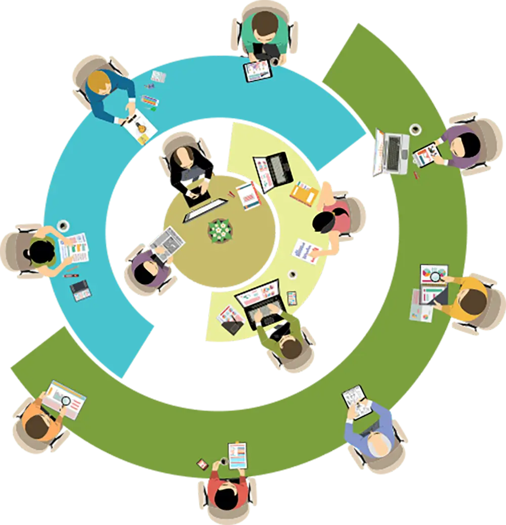 Illustration of people seated around two circular tables with laptops, papers, and charts, viewed from above, suggesting a collaborative meeting or discussion.