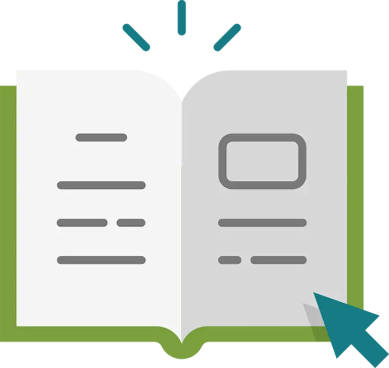 Illustration of an open book with text lines and a rectangular image on one page, against a green and blue background.