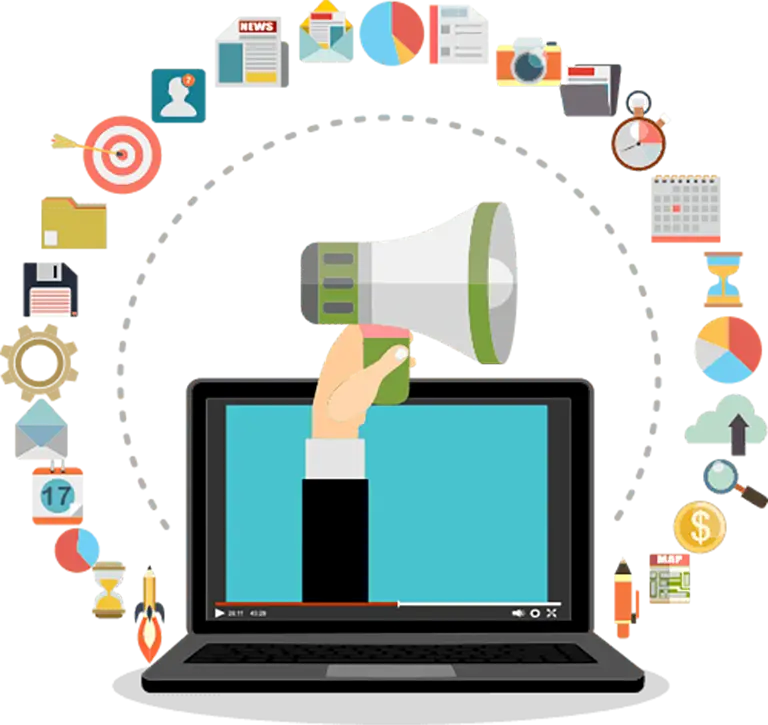 Illustration of a hand holding a megaphone emerging from a laptop screen, surrounded by digital marketing and communication icons.