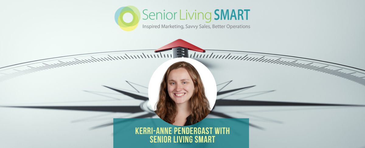 Smiling woman in circular frame over a background of a compass and the Senior Living SMART logo, with text: "Kerri-Anne Pendergast with Senior Living SMART, specializing in social media marketing.