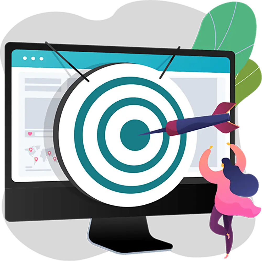 Lead-Scoring-That-Senior-Living-Sales-Marketing-Teams-LOVE Illustration of a computer monitor displaying a target with a dart in the center, while a person stands nearby reaching upward.