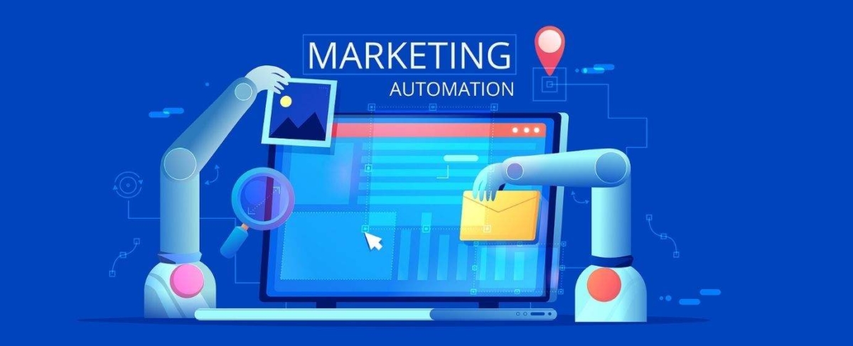 Two robotic arms work in front of a screen displaying charts—one holding a photo, the other an envelope—symbolizing marketing automation powered by HubSpot for senior living communities.