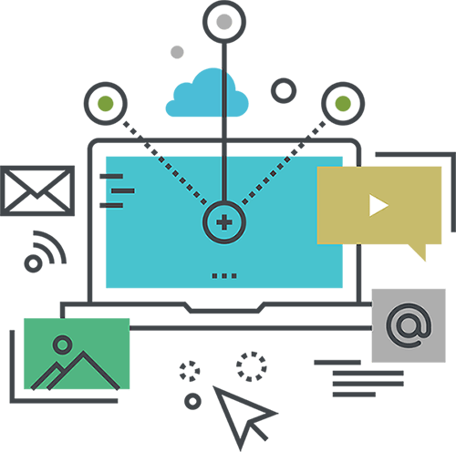 Illustration of a laptop with cloud and multimedia icons representing email, images, video, and connectivity features in a digital workspace.