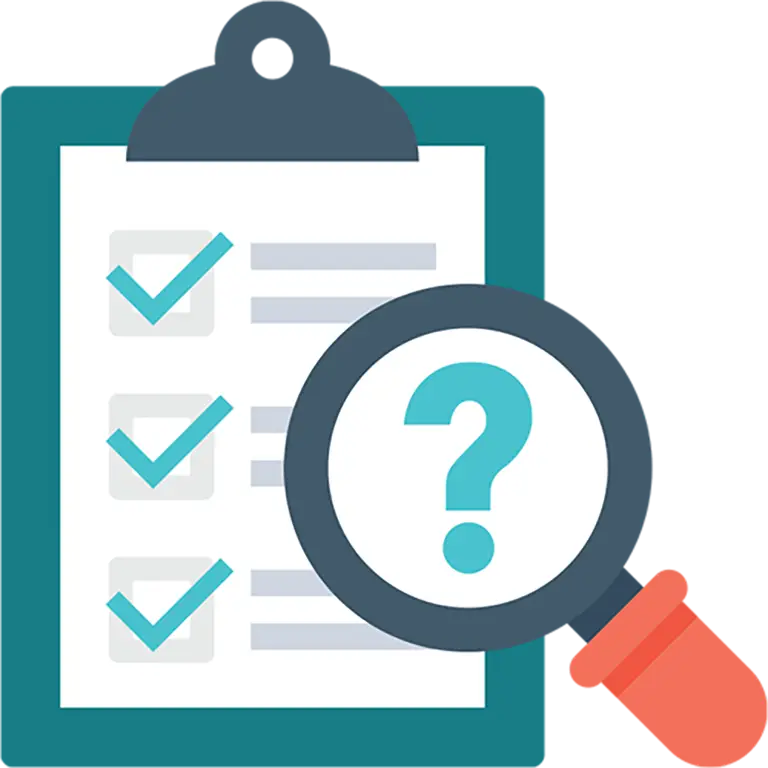 Illustration of a checklist on a clipboard with blue check marks, overlaid by a magnifying glass showing a question mark—symbolizing insights and questions in senior living marketing.