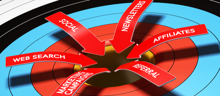 Red arrows labeled “Social,” “Newsletters,” “Affiliates,” “Referral,” “Marketing Campaigns,” and “Web Search” point to the center of a senior living website target.