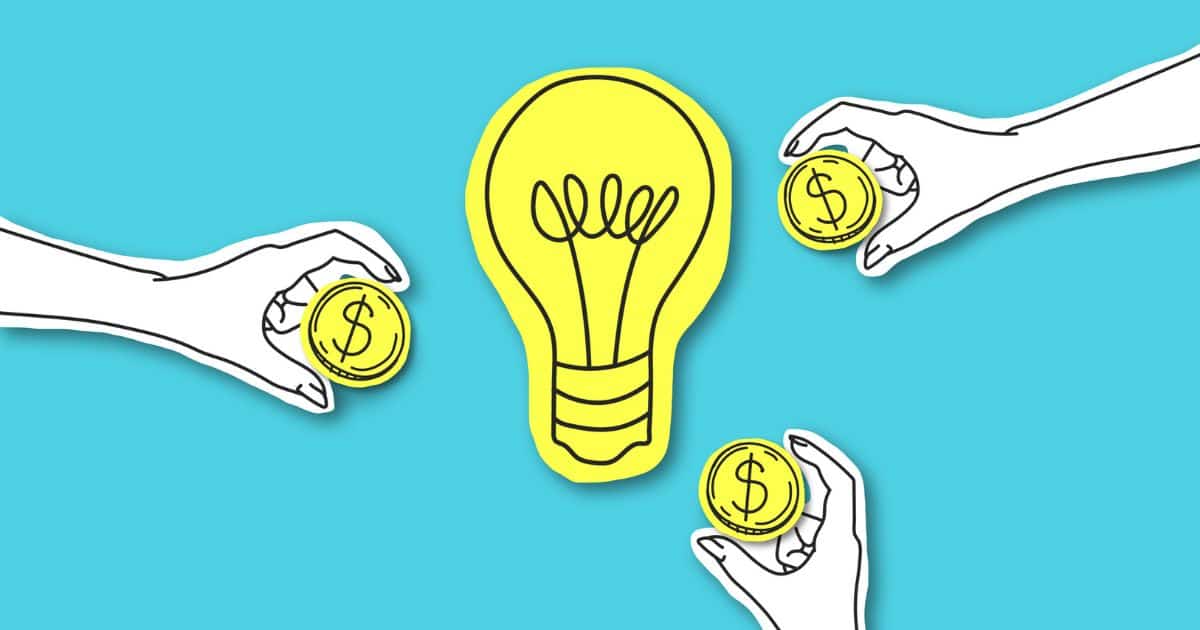Three illustrated hands, each holding a coin with a dollar sign, reach toward a large yellow lightbulb on a blue background, symbolizing investment in ideas or CCRC marketing strategies like crowdfunding.