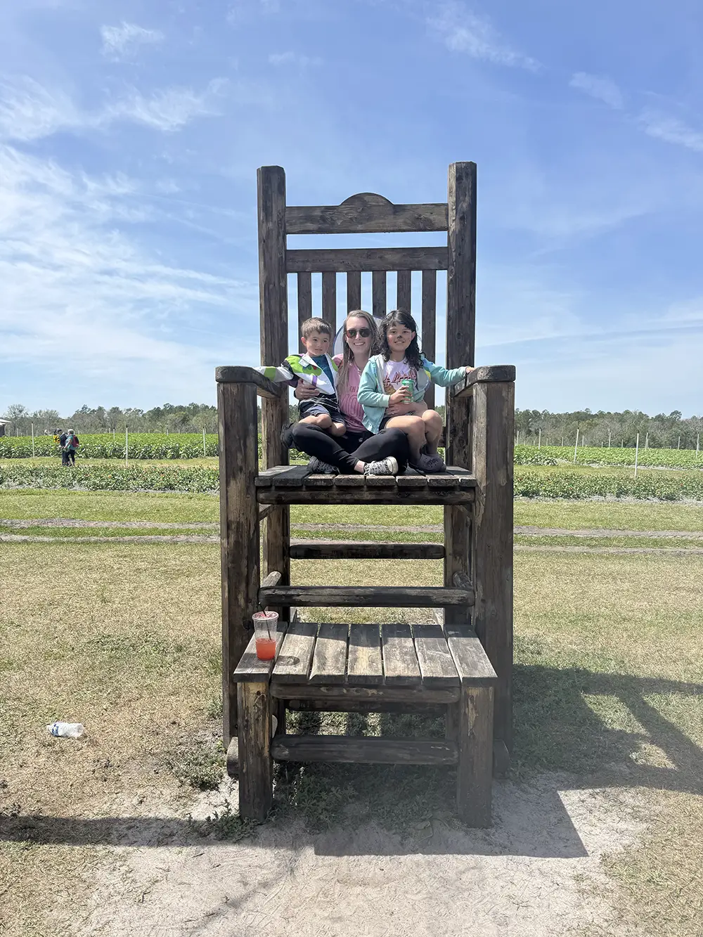 Three people sit on an oversized wooden chair in an outdoor grassy area with fields and blue sky in the background.