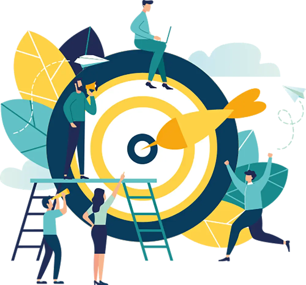 Illustration of five people working together around a large target with a dart in the bullseye, symbolizing teamwork and achieving goals.