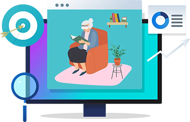 Illustration of an elderly woman reading a book in an armchair, with charts, graphs, and icons surrounding her, suggesting data analysis or monitoring.