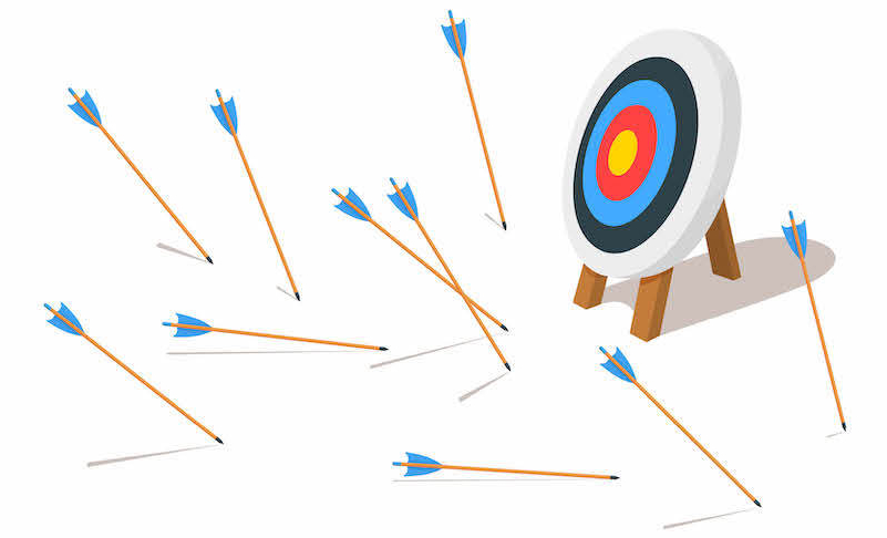 A target stands upright while several arrows, representing missed senior living leads, lie scattered on the ground—none hitting the bullseye or even the target itself.