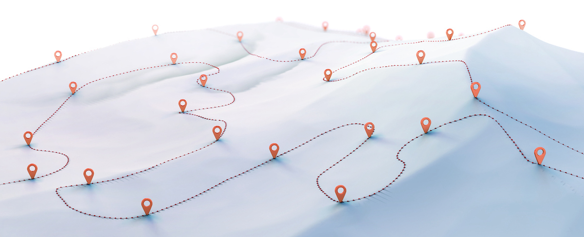 A stylized 3D map for senior living website design features dotted paths connecting numerous location markers spread across a hilly, white terrain.