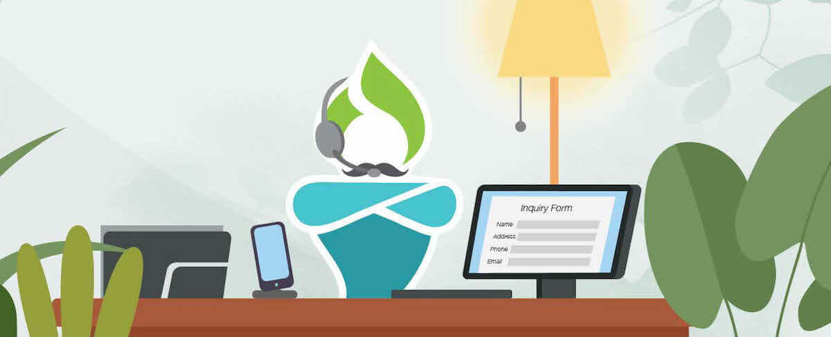 Illustration of a customer service icon wearing a headset at a desk, with a computer monitor displaying an inquiry form for senior living lead management, plus a phone, lamp, and plants in the background.