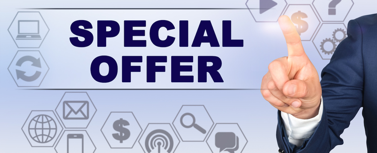 A person in a suit points at a transparent screen displaying the words "SPECIAL OFFER," surrounded by various business-related icons, highlighting a strategic moment in senior living marketing.
