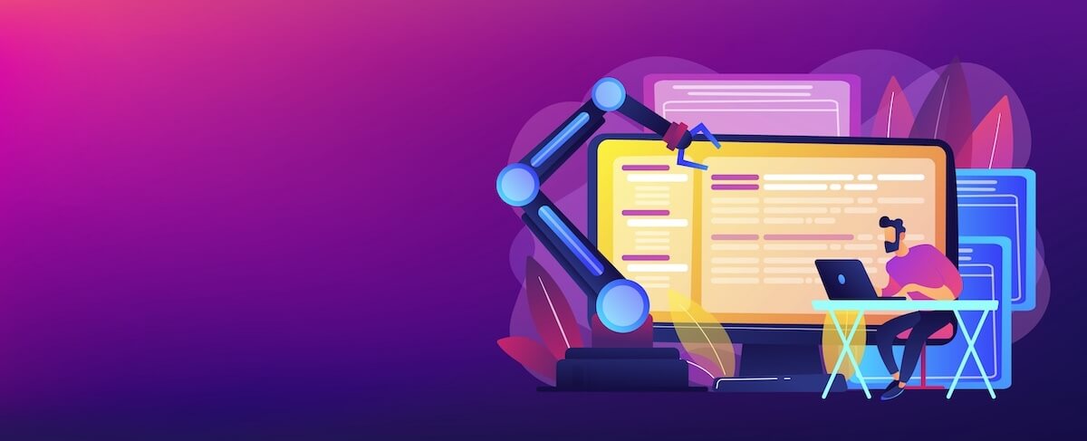 A person sits at a desk with a laptop while a robotic arm works on a large computer screen displaying code for senior living website design, set against a colorful, abstract background.