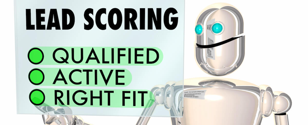 A metallic robot stands next to a transparent screen displaying "LEAD SCORING" with checkmarks indicating qualified, active leads and the right fit—showcasing advanced lead scoring automation in action.