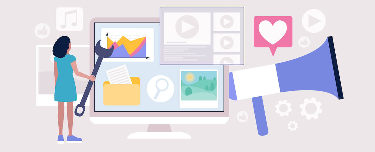 Illustration of a woman holding a large wrench by a computer screen displaying charts, folders, and media icons, highlighting tools for social media marketing with a megaphone and social media symbols nearby.