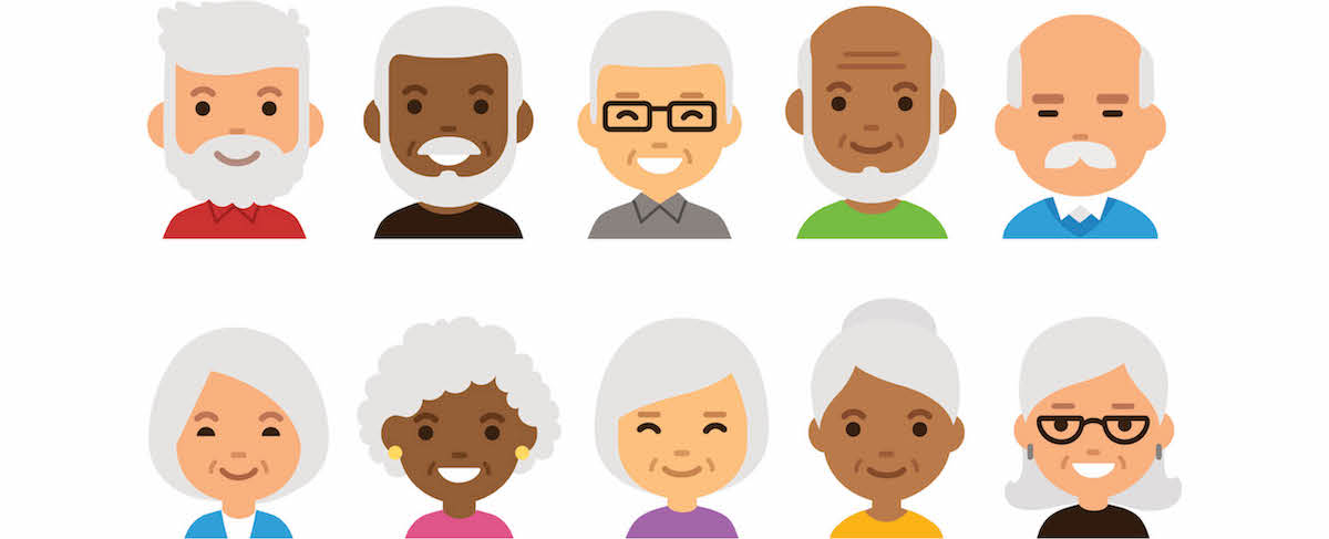 Ten illustrated elderly people, five men on the top row and five women on the bottom, each with unique hairstyles, skin tones, and clothing—ideal for visualizing diversity when considering what is the best way to create a buyer persona.