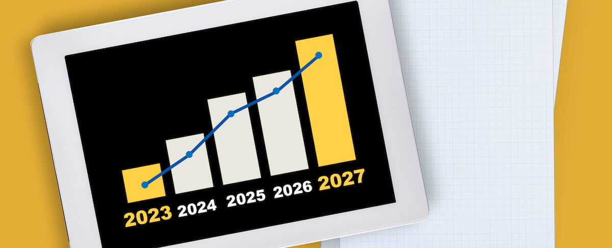 A tablet displays a bar graph with years 2023 to 2027 and a rising trend line, highlighting projected growth each year through resident lifetime value calculation.
