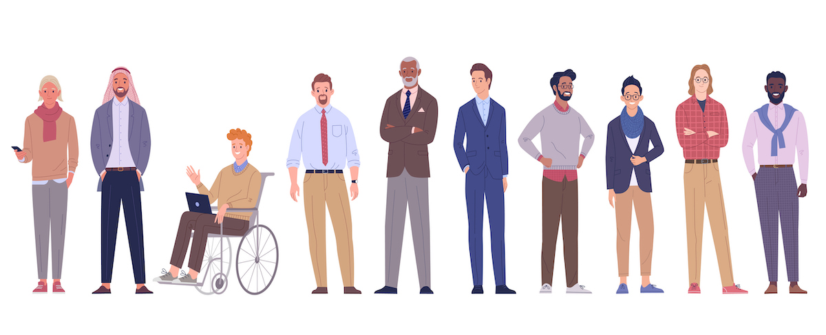 A diverse group of nine professionally dressed people, including one person in a wheelchair, stand in a row against a white background—an ideal team for senior living sales and marketing.