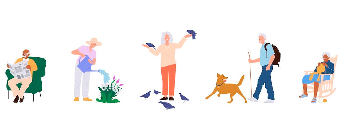 Illustration of five personas: one older adult reading a newspaper, another watering plants, one feeding birds, one walking a dog, and another sitting in a rocking chair with a cat.