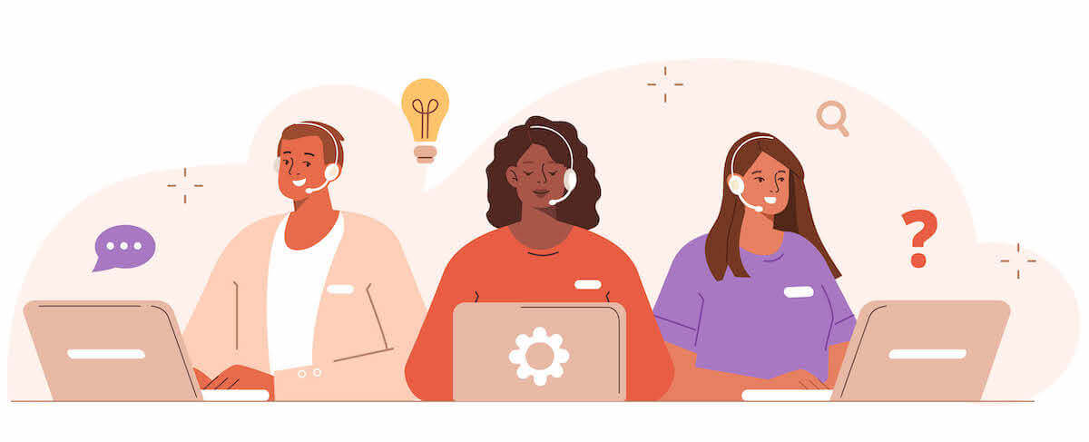 Three customer service representatives wearing headsets work on laptops, surrounded by icons such as a lightbulb, speech bubble, and question mark—illustrating how to choose a senior living call center for efficient and caring support.