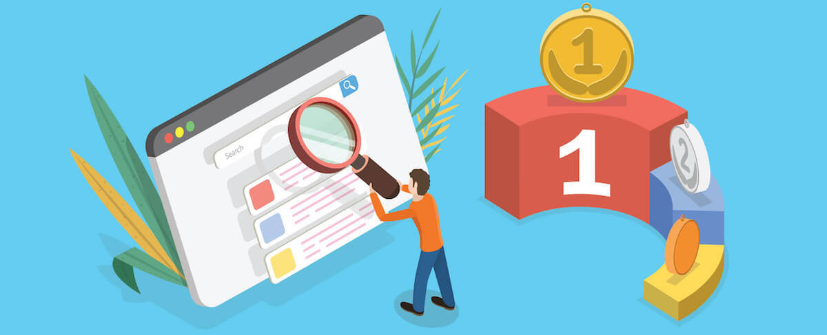 Illustration of a person examining a search results page with a magnifying glass, next to a winner’s podium with gold, silver, and bronze medals—highlighting success in senior living lead generation.