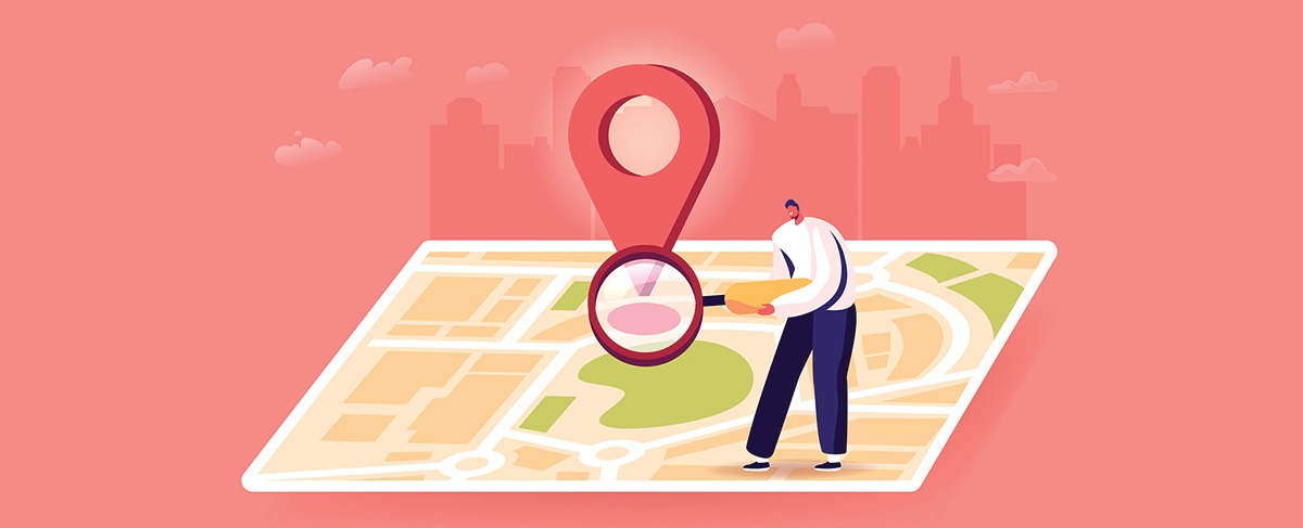 Illustration of a person examining a large map with a magnifying glass, focusing on a red location pin—symbolizing content marketing for local SEO—against a stylized cityscape background.