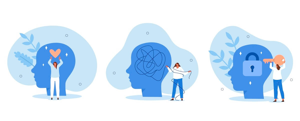 Three illustrated scenes show people using behavioral science in marketing: holding a heart, untangling a line, and unlocking a padlock with a key—all while interacting with large blue heads.